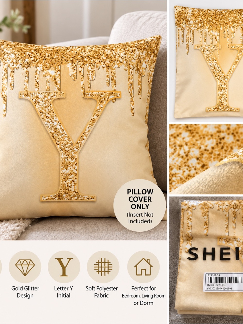 SHEIN Gold Letter Y Decorative Pillow Cover Beige Glitter Style